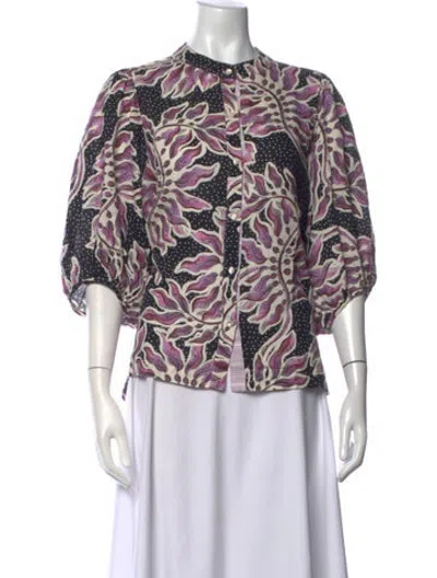 Pre-owned Lanthropy Linen Floral Print Button-up Top In Multicolor