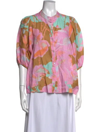 Pre-owned Lanthropy Linen Floral Print Button-up Top In Pink