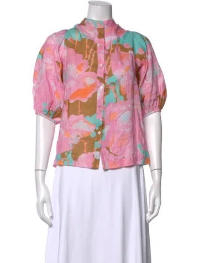 Pre-owned Lanthropy Linen Floral Print Top In Pink