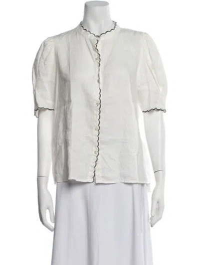 Pre-owned Lanthropy Linen Short Sleeve Button-up Top In Neutrals