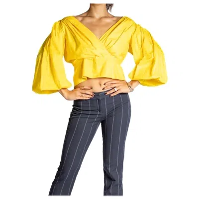Pre-owned Lanvin 1970s  Canary Yellow Crisp Cotton Blouse With Full Bare Shoulder Sleeves