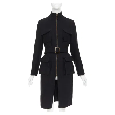 Pre-owned Lanvin 2003 Black Wool Cargo Pocket Belted High Neck Zip Front Long Coat Fr36 S