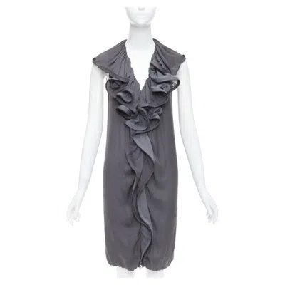 Pre-owned Lanvin 2008 Grey Silky Trimmed Ruffle Collar V Neck Knee Dress Fr34 Xs In Gray