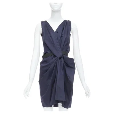 Pre-owned Lanvin 2010 Navy Ramie Cotton Drape Black Belted Mini Dress Fr36 S In Blue