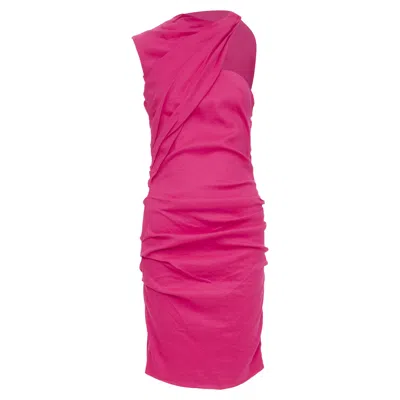 Pre-owned Lanvin 2014 Hot Pink Linen Draped Asymmetric Shoulder Cocktail Dress Fr38 M