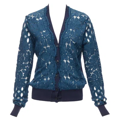 Pre-owned Lanvin 2015 Blue Silk Cotton Floral Lace Sheer Long Sleeve V Neck Cardigan S