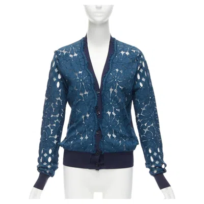 Pre-owned Lanvin 2015 Blue Silk Cotton Floral Lace Sheer Long Sleeve V Neck Cardigan S