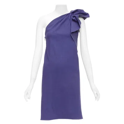 Pre-owned Lanvin 2015 Deep Purple Linen One Shoulder Ruffle Dress Fr38 M