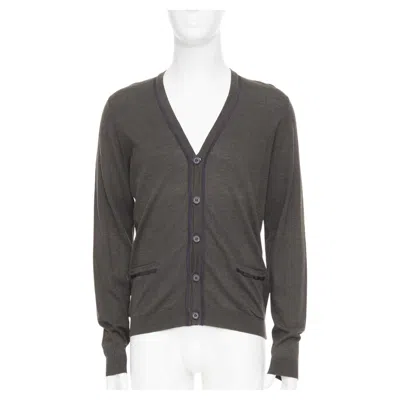 Pre-owned Lanvin 2015 Grosgrain Trim Vneck Cotton Merino Wool Button Knit Cardigan Sweater In Black