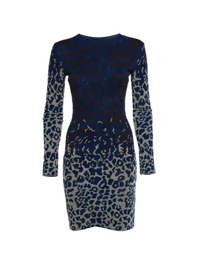 Pre-owned Lanvin 2015 Leopard-print Jacquard-knit Mini Dress In Blue