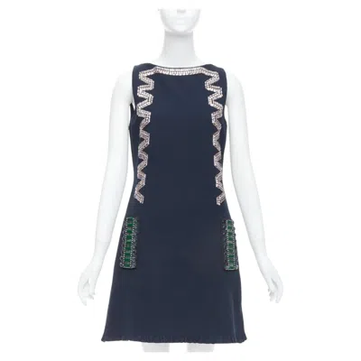 Pre-owned Lanvin 2015 Navy Cotton Rhinestone Embellished Ribbon Shift Dress Fr36 S In Blue