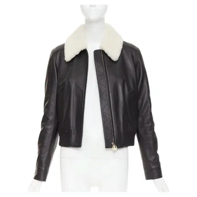 Pre-owned Lanvin 2021 Lambskin Leather Shearling Collar Contrast Cropped Aviator Bomber M In Black