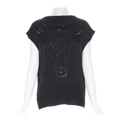Pre-owned Lanvin Alber Elbaz 2009 Black Silk Lurex Gold Cut Out Cap Sleeve Top Fr36 Xs