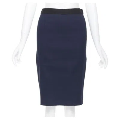 Pre-owned Lanvin Alber Elbaz 2014 Navy Blue Linen Blend Exposed Zip Pencil Skirt Fr34 26"