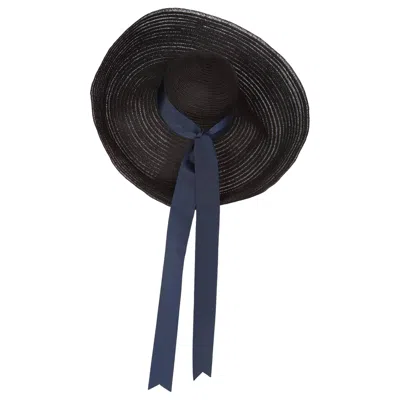 Pre-owned Lanvin Alber Elbaz Black Sun Hat Navy Ribbon Band, 2006 In Blue