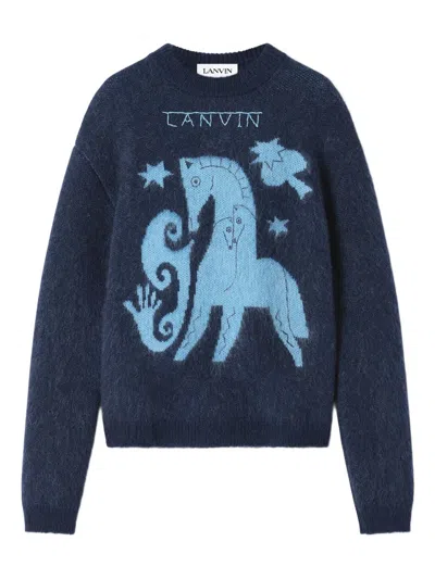 Lanvin Crew Neck Horse Jacquard Knit Sweater In Blue