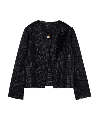 Lanvin Appliqué-detail Fringed Tweed Jacket In Black