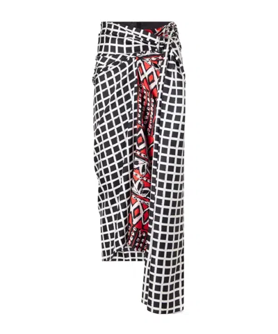 Lanvin Asymmetric Belted Printed Silk Midi Skirt In Black