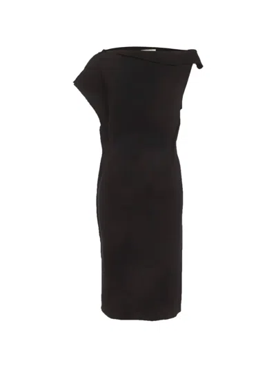 Pre-owned Lanvin Asymmetric Draped Midi Dress In Black