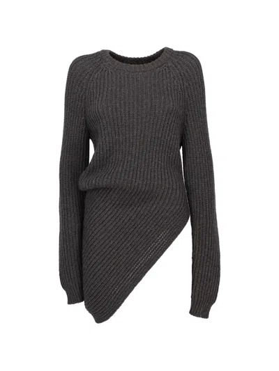 Pre-owned Lanvin Asymmetric Ribbed-knit Sweater In Gray