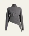 Lanvin Asymmetric Safety-pin Gathered Cashmere Turtleneck Sweater In Gray