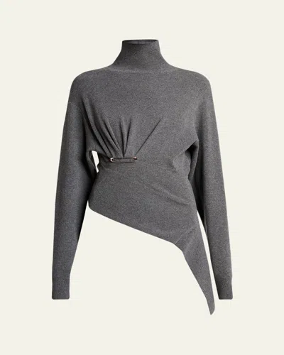 LANVIN ASYMMETRIC SAFETY-PIN GATHERED CASHMERE TURTLENECK SWEATER