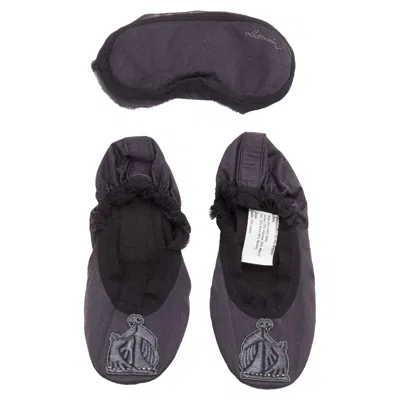 Lanvin Black 100% Silk Satin Logo Embroidery Sleeping Flats Mask Set Eu37