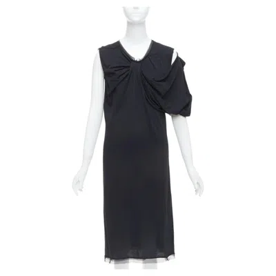 Pre-owned Lanvin Black Cotton Silk Trimmed Asymmetric Draped Midi Dress Xxs