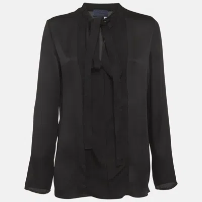 Pre-owned Lanvin Black Crinkle Satin Ribbon Neck Tie Up Blouse M