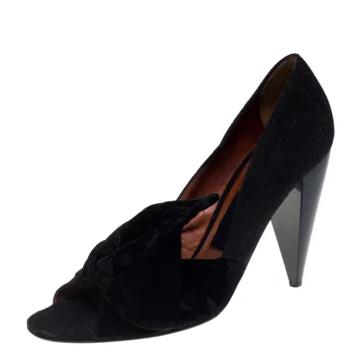 Pre-owned Lanvin Black Felt And Velvet Bow Embellished Open Toe Pumps Size 40