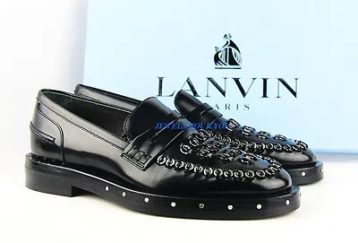 Pre-owned Lanvin Black Glossy Metal Embroidered 100% Leather Slip Shoes Italy Sz10 Box