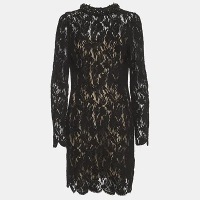 Pre-owned Lanvin Black Lace Bead Embellished Collar Mini Sheath Dress L