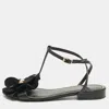 Lanvin Black Patent Leather And Satin Flower Flat Sandals In Black