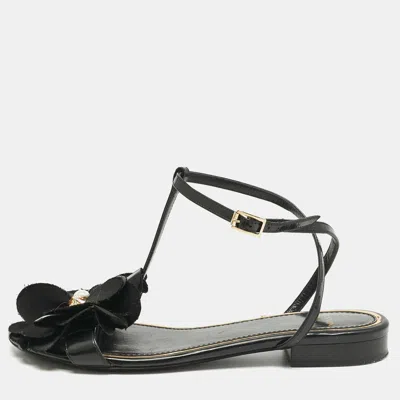 Lanvin Black Patent Leather And Satin Flower Flat Sandals