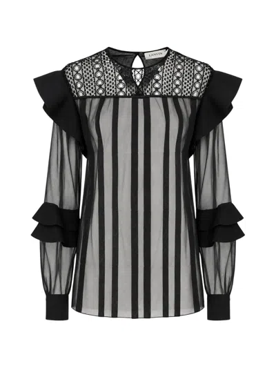 Lanvin Black Ruffles Embroidered Guipure Lace Silk Blouse