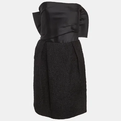 Pre-owned Lanvin Black Satin And Textured Jacquard Bow Detail Strapless Mini Dress M