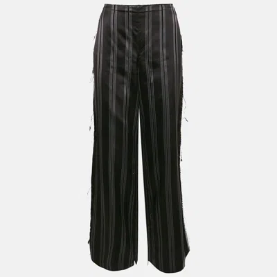 Pre-owned Lanvin Black Stripe Silk Frayed Trousers M