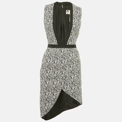 Lanvin Black/ White Logo Print Crepe Plunge Neck Dress