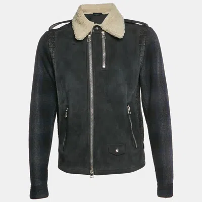 Pre-owned Lanvin Black Wool Blend And Suede Shearling Collar Moto Jacket Xl