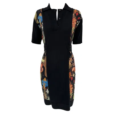 Pre-owned Lanvin Black Wool Blend Knit Floral Silk Print Short Sleeve Polo Neck Dress 4