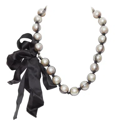 Pre-owned Lanvin Black Wrapped Large Faux Pearl Double Ribbon Tie Princess Necklace