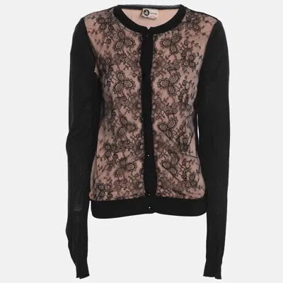 Pre-owned Lanvin Black/peach Jersey And Lace Tops And Cardigan Set S In Pink