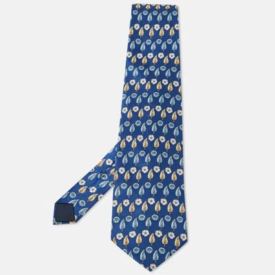 Pre-owned Lanvin Blue Leaf Print Satin Silk Traditional Tie