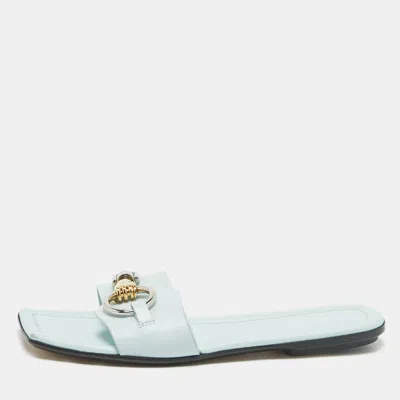 Pre-owned Lanvin Blue Leather Embellished Flat Slides Size 38