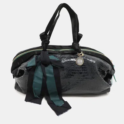Pre-owned Lanvin Blue/black Croc Embossed Leather And Satin Top Zip Satchel