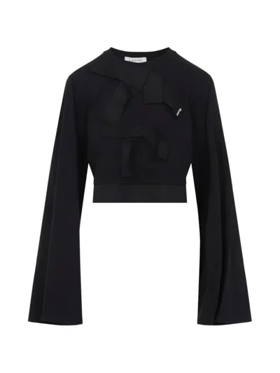Lanvin Grosgrain Bow Cotton Cropped Top In Black