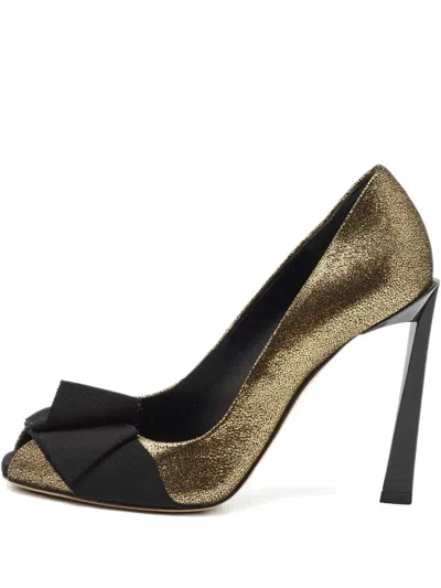 Pre-owned Lanvin Bow Peep-toe Pump Shoes In Gold