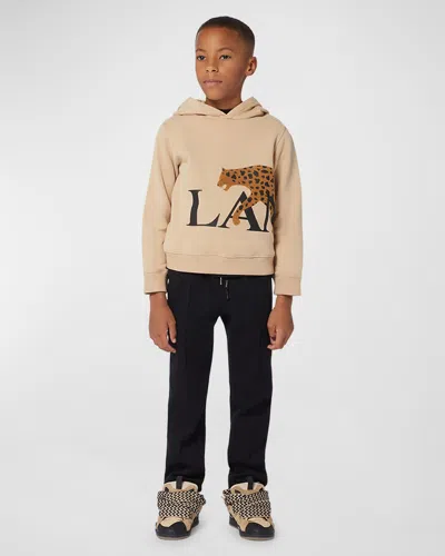 Lanvin Kids' Boy's Curbisme Logo-print Hobo Cat Illustrated Hooded Sweatshirt In Stone