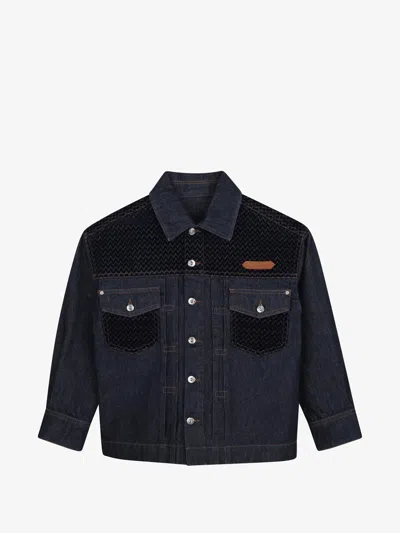 Lanvin Boys' Cotton Denim Jacket With Velvet Chevron Motif In Blue