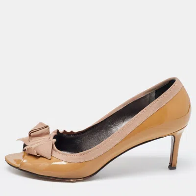 Lanvin Brown Patent Leather And Fabric Grosgrain Bow Peep Toe Pumps